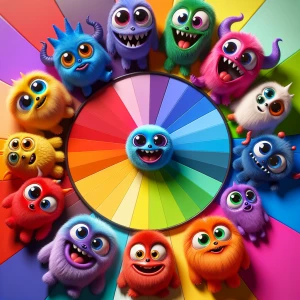 A color wheel of happy cute toy monster toys, each represents a...