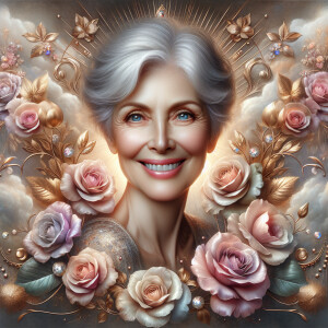 A horizontal portrait of a thinner, smiling curvy 80 year old Ca...