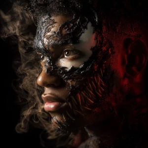 Make a portrait of the person, leaving half of the face intact,...