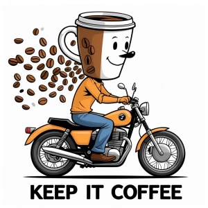 Create a cartoon man whose head is a coffee cup, riding a motorc...
