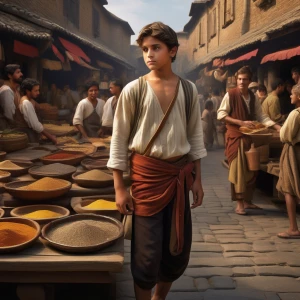 A young,  only barechested boy stands anxiously on a large woode...