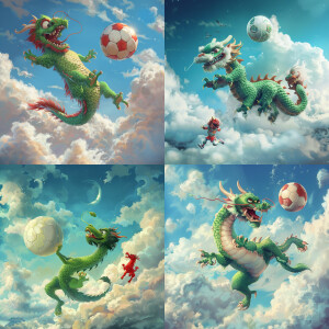a green Chinese dragon fly in the clouds, play soccer with red K...