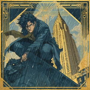 Manga-style noir detective crouched on a rain-slick Art Deco gar...