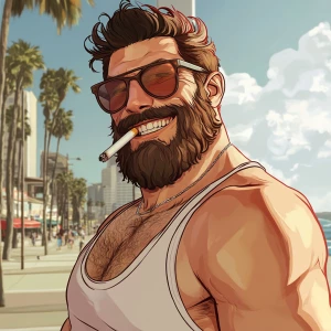 White muscular thin man with beard, big chin, smile and cheekbon...