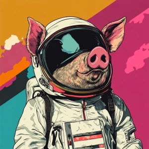 Cute cartoon pig in vintage white spacesuit and NASA style helme...