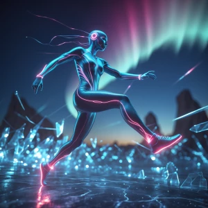 A high-speed photography capture of a humanoid figure mid-leap,...