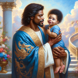 Classical oil painting style depicting an African-American Jesus...