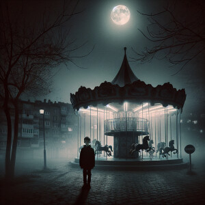 Night. An abandoned playground. There is a boy standing next to...