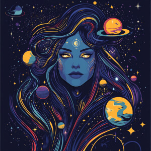 Vector-style portrait of a celestial goddess, long flowing hair...