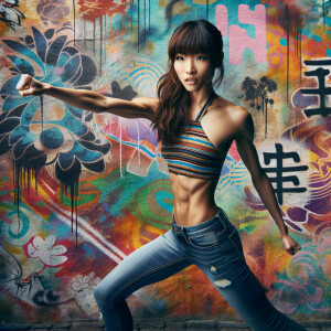 Very thin Athletic Thin skinny Attractive, Asian teenage girl, long brown hair and bangs, wearing tight skinny jeans and a halter top paint marks on her clothing, heroic sideways pose Asian graffiti background