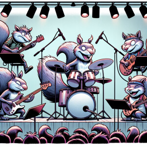 Cartoon of Silver squirrels with human faces playing in Rick ban...