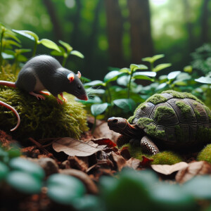 Create an image of a rate and a tortoise discussing in the fores...