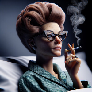 Woman with big 1950s beehive hair and cat eye glasses, smoking a cigarette in bed.