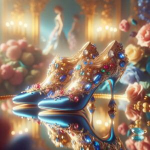 Imagine a pair of enchanting shoes, each a mirror image of the other, placed gracefully upon a regal surface. They are bathed in the soft, diffuse light that casts gentle reflections upon their silk fabric. These shoes are no ordinary footwear; they are a masterpiece of vibrant royal blue, adorned with ornate golden filigree and a multitude of glittering jewels in various hues—rubies, sapphires, emeralds, and delicate pink diamonds. Each shoe boasts an elegant, curved heel in a matching vivid blue, with tiny red and blue gems accenting the base. The shoes are positioned against a backdrop of soft-focus flowers, their pastel colors complementing the rich tones of the shoes, with hints of gold framing providing a touch of opulence. This image captures the essence of a fairy tale brought to life, a visual symphony of color and splendor.