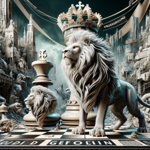 A realistic 3-D image of a lion in front of a chess piece with t...