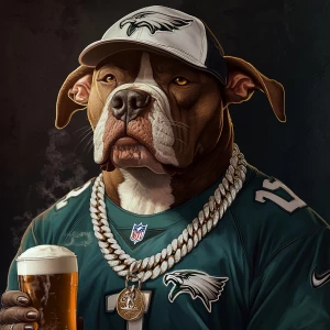 Create an image of a pit bull wearing a white gold chain and a Philadelphia Eagles  cap and football jersey. He is also holding a beer