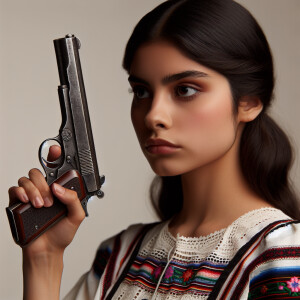 create a 8k, hyper realistic image of a mexican girl holding a 4...