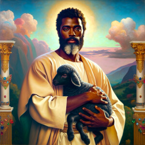 Oil painting of an African-American man resembling Jesus Christ,...