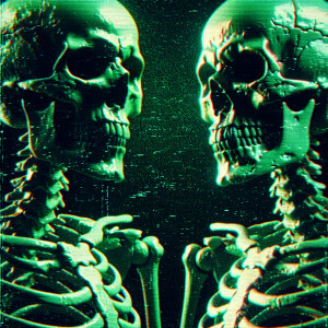 A skeleton in VHS style green effect  8K ultra hd quality