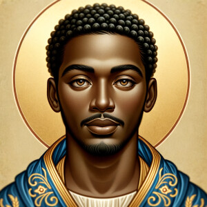 Create a beautiful African-American Jesus Christ with Hazel, brown eyes and blue and gold robe