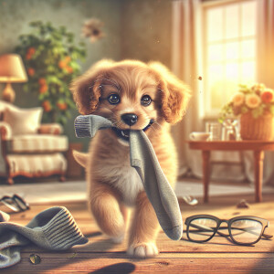 A charming and amusing illustration of a playful puppy stealing...