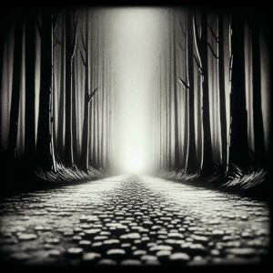 A dark road seen from the ground (black and white)