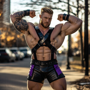 In this image, a muscular man is posing on an outdoor street, fl...