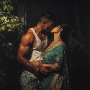 Create a hyperrealistic painting depicting a muscular, sweaty In...