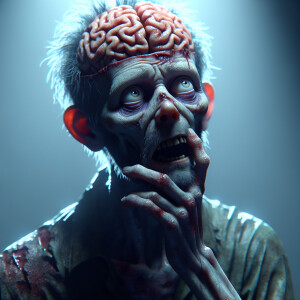 A zombie looking for his brain,  egxrated confused look on zombi...