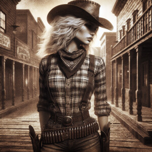 A blonde haired girl with a cowboy hat on, western shirt, jeans...