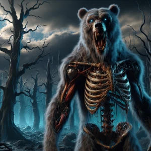 Create a highly detailed image of a nightmarish vampire bear wit...