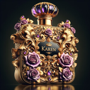 Craft an image of an ornate perfume bottle, with a luxurious design featuring purple roses and intricate gold detailing. At the center of the bottle, include an elegant, raised gold script that spells out the name 'Karen'. The bottle should exude opulence with a jeweled crown-like cap and a background that suggests sumptuousness and sophistication. The script should be harmonious with the lavish design, standing out against the purple and gold palette.