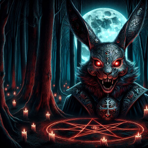 A dark and eerie digital illustration of a demonic rabbit in a m...