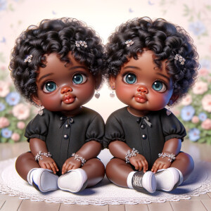 Imagine a pair of adorable, 3D animated african-American, infant twins with radiant blue eyes and curly black hair, posed with their chubby cheeks resting in their hands. They're dressed in simple yet stylish black onesies. Delicate jewelry adorns their wrists. They're seated comfortably with white sneakers on their feet. The background is a soft pastel floral pattern, creating an atmosphere of innocence and charm, without any text present in the image.