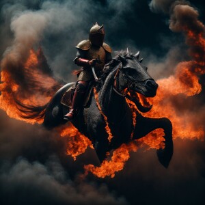 fiery knight flies on a dragon in armor, dark smoke in the backg...