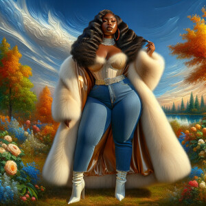Craft a 4K glossy oil painting portraying a regal, plus-size Afr...