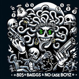 Create a dynamic, comic-book-style logo showcasing a sinister ca...