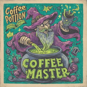 sticker design, hand-drawn wizard brewing coffee in a cauldron,...