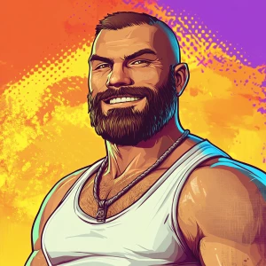 White muscular thin man with beard, big chin, smile and cheekbon...
