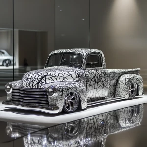 Envision a lowrider truck crafted from cracked porcelain, its su...