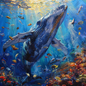 A whale swimming next to a school of fish