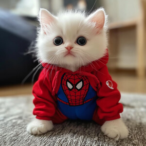 white kitten wearing spiderman jumpsuit