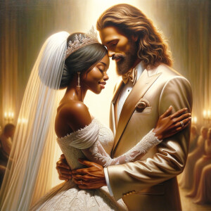 Imagine a hyper-realistic oil painting that captures a tender moment between theAfrican American bride and her God. The setting is intimate and filled with soft, warm lighting that enhances the emotional depth of the scene. The bride, in herexquisite wedding gown, shares a heartfelt embrace with her african-American Lord Jesus , who is dressedin an elegant outfit that complements the wedding's color scheme. Their expressions are full of love, pride, and joy, reflecting the special bond between them. Theattention to detail is paramount, from the intricate designs of their dresses to the subtle emotions conveyed in their facial expressions. The background is a blur ofgentle pastel hues, ensuring that the focus remains on this touching moment. Thispainting should convey the warmth, love, and depth of the relationship, with the rich textures and vibrant strokes characteristic of oil paintings, capturing the essence of this significant pre-wedding moment.