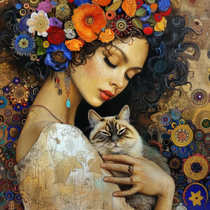 Create an image of a stunning woman adorned with flowers in her...
