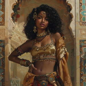Depict a powerful Afro-Indian warrior queen in a classical paint...