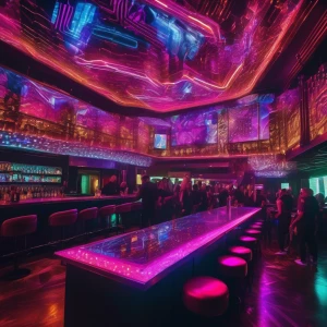 A busy nightclub scene with people dressed in futuristic streetwear, dancing under pulsing neon lights. Above the dance floor, large screens display shifting, kaleidoscopic patterns while bartenders serve glowing drinks from an illuminated counter