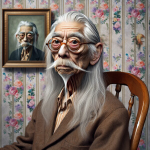 Digital art, a stylized old man with long silver hair, clean sha...