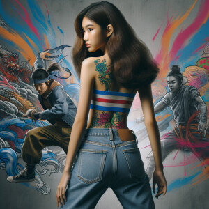 Attractive, Asian teenage girl, long brown hair and bangs, wearing tight skinny jeans and a halter top paint marks on her clothing, backside view heroic pose Asian graffiti