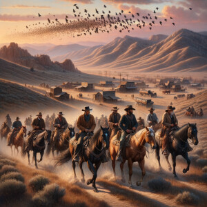 An ultra realistic oil painting af 1862 western town, hills in t...