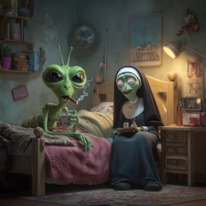 a whimsical image of an alien with vibrant green skin and large...